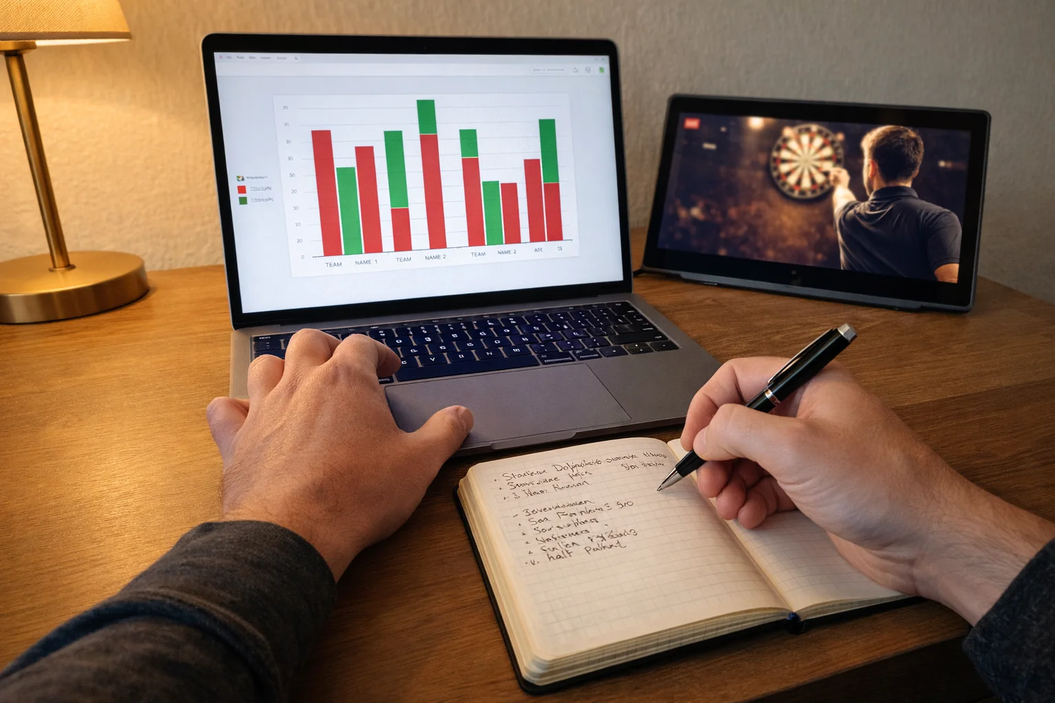 Person analysiert Darts-Statistiken auf einem Laptop während eines Matches