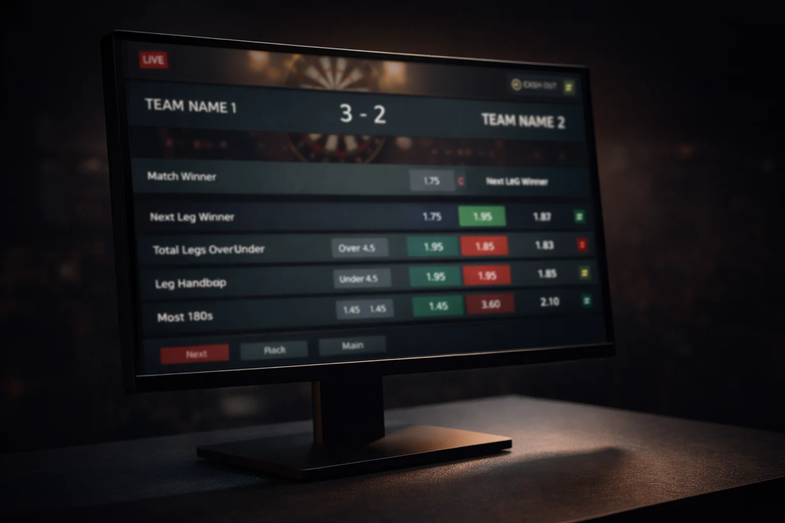 Übersicht der Darts-Wettmärkte mit Match-Winner-Anzeige auf einem Bildschirm