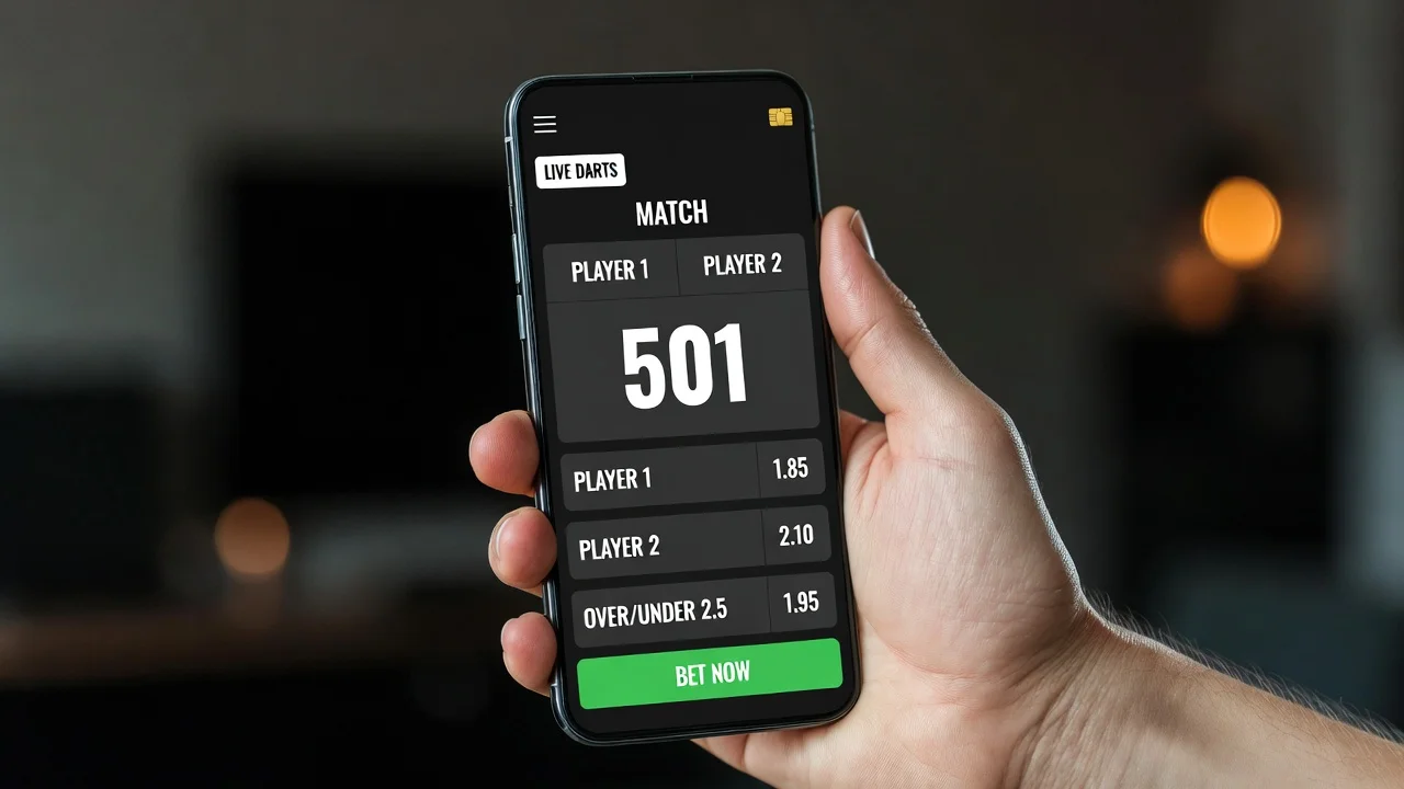 Smartphone mit Darts-Wettanbieter-App und Live-Quoten auf dem Bildschirm