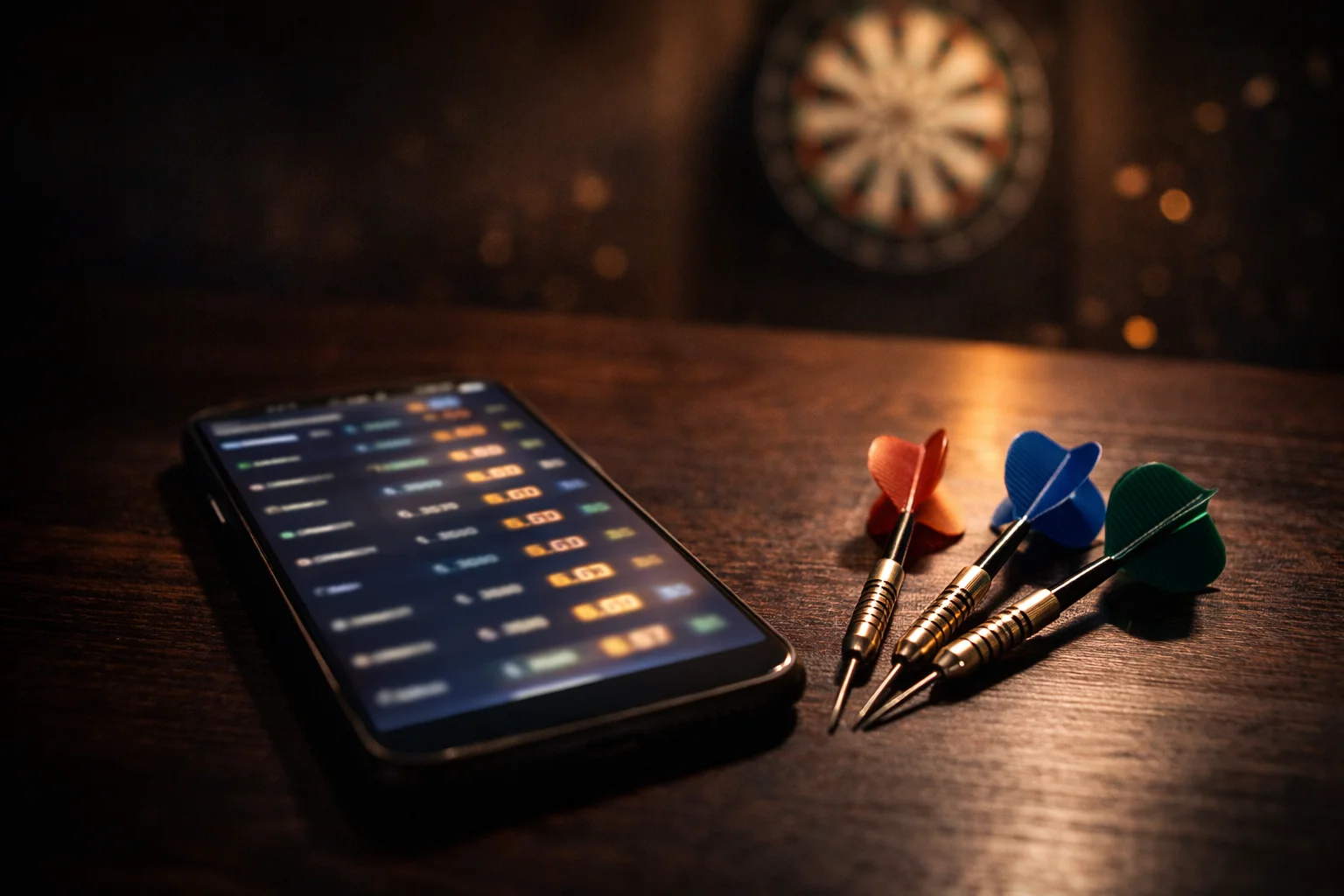 Smartphone zeigt Darts-Wettquoten neben einer Dartscheibe auf einem Tisch