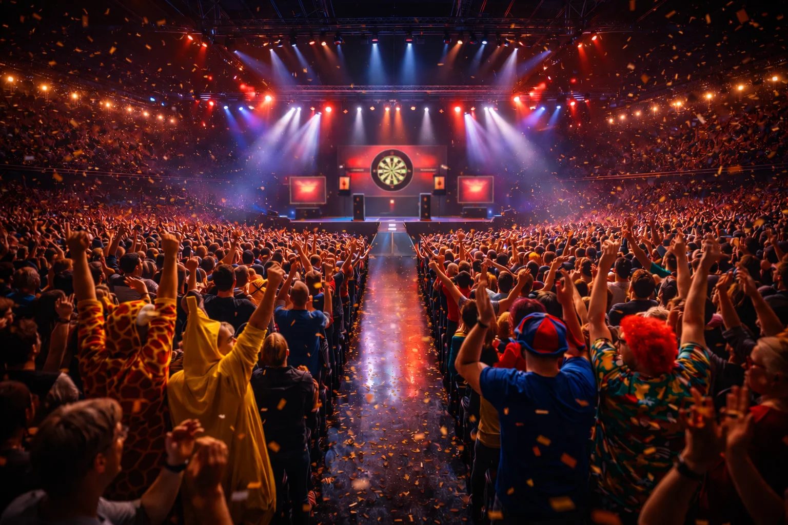 Publikum im Alexandra Palace während der Darts-WM mit Bühnenbeleuchtung