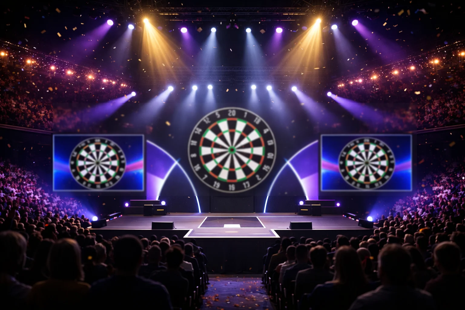 Dartscheibe im Rampenlicht vor einer vollen Arena beim PDC Darts WM Turnier